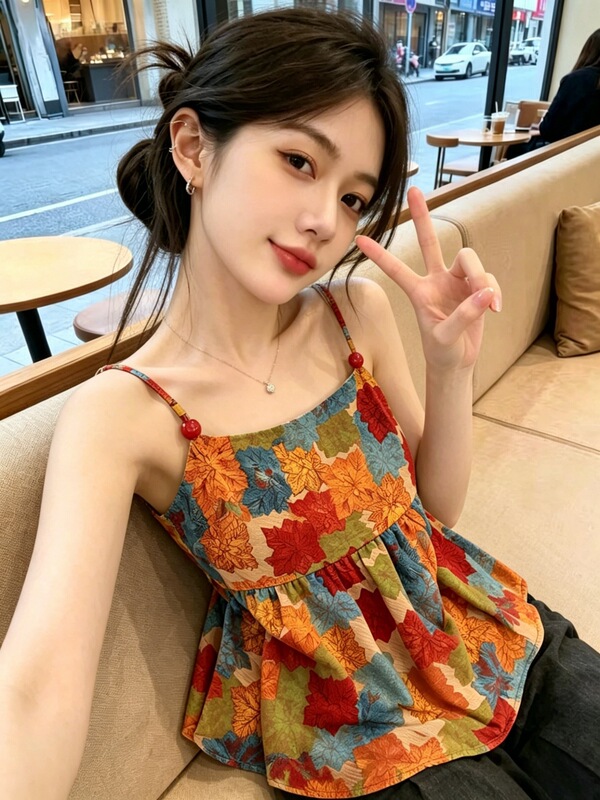 Retro Vacation Style Colorful Oil Painting Print Camisole for Women, Beautiful Short Backless Sleeveless Top for Summer Retro Vacation Style Colorful Oil Painting Print Camisole for Women, Beautiful Short Backless Sleeveless Top for Summer