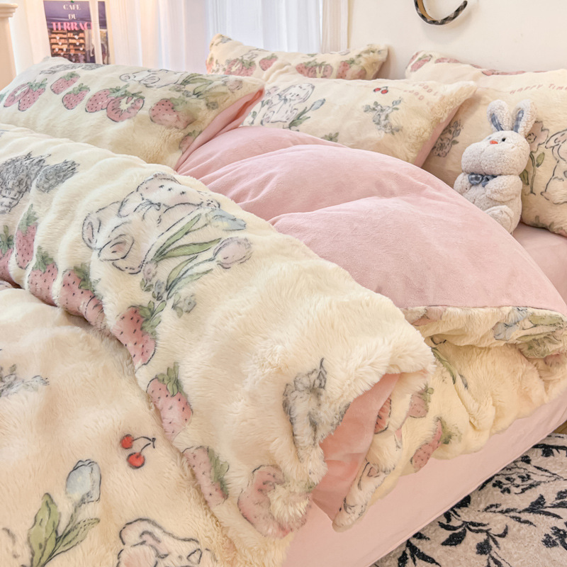 2024 nuevo traje de cuatro piezas de felpa de conejo de invierno más terciopelo de lana de leche franela de coral funda de edredón sábana de invierno