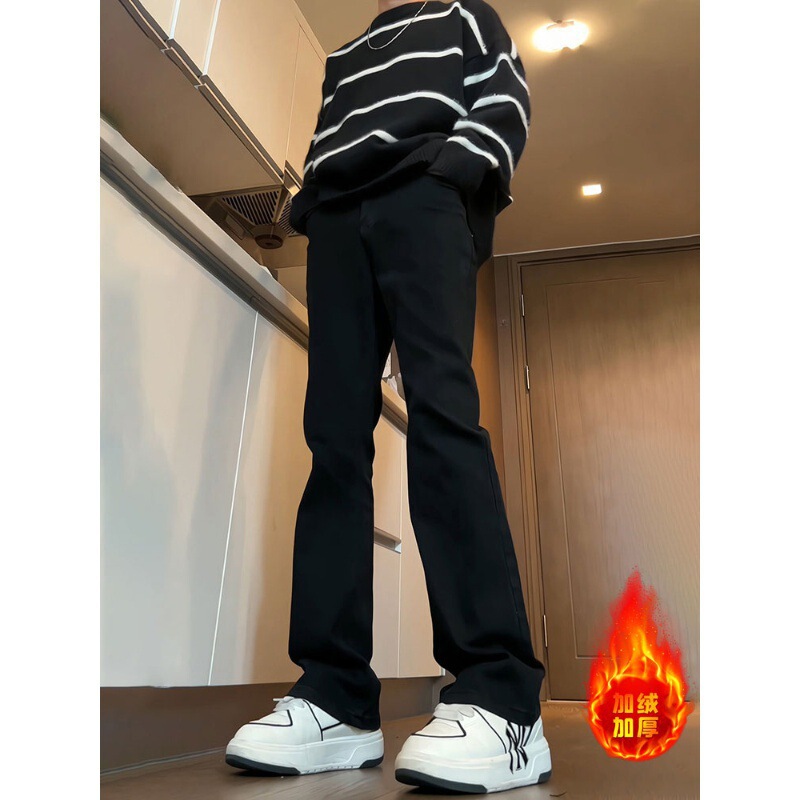 All-match fleece-lined black soft jeans men's autumn and winter American vibe pants slim fit slimming casual micro-pants