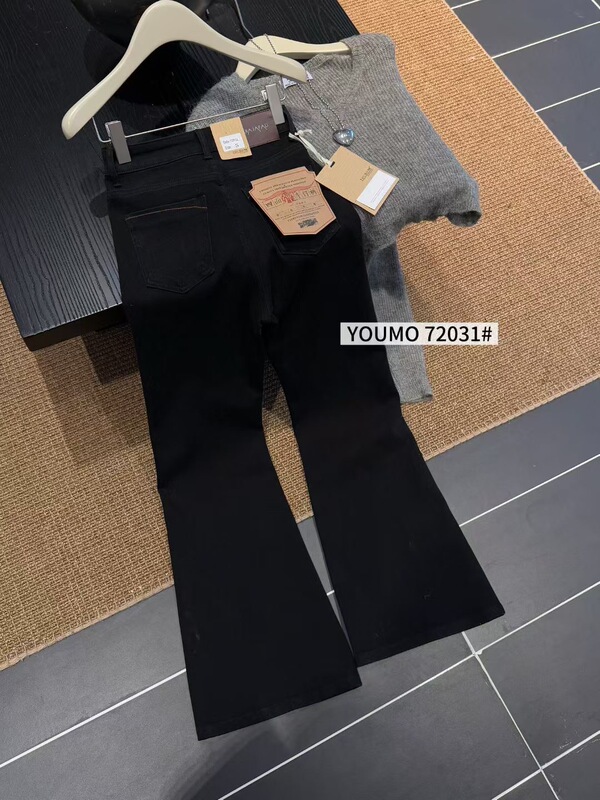 YOUMO有陌72031黑色四面弹牛仔喇叭长裤女秋季韩版百搭显瘦筒喇裤|undefined