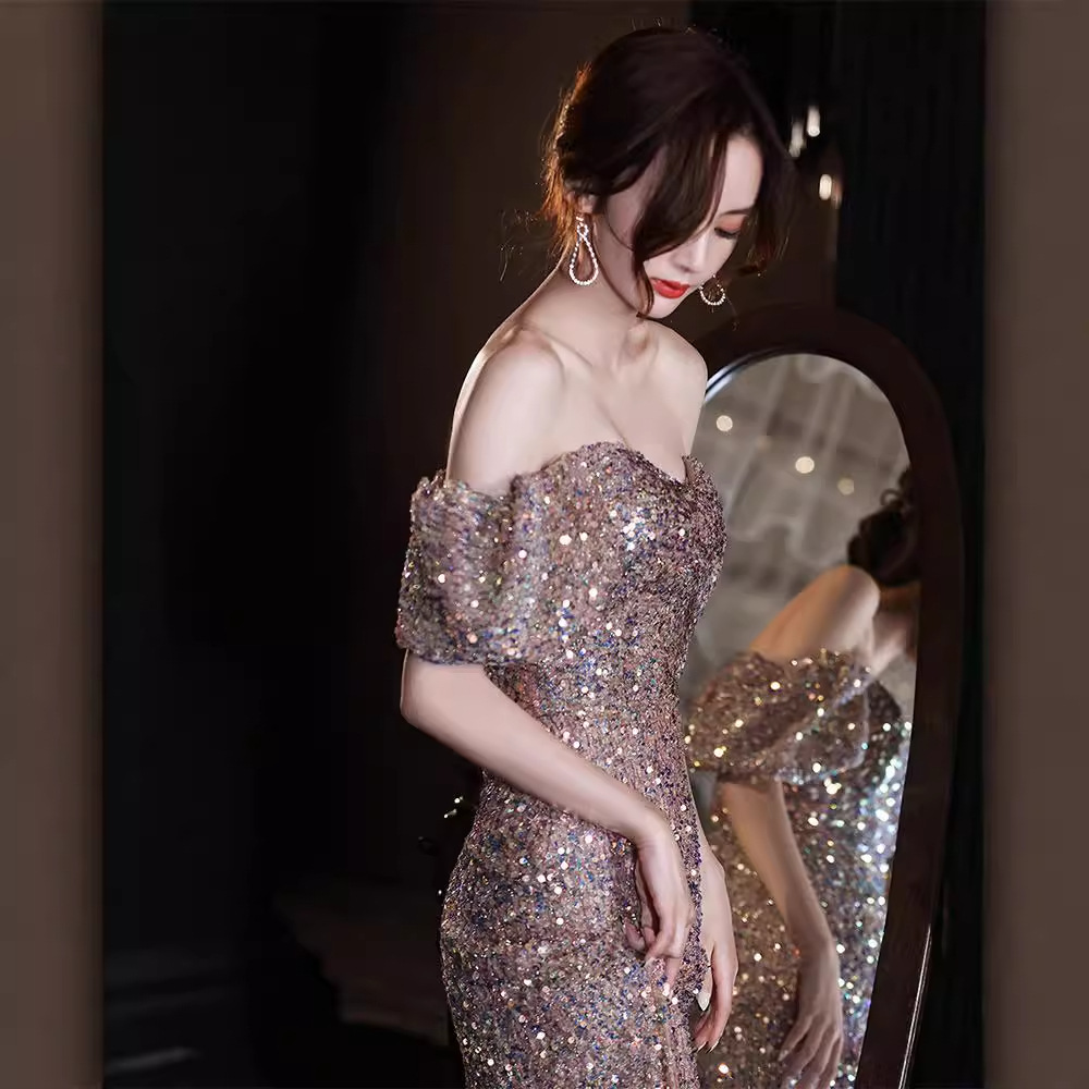 Vestido de noche con lentejuelas estilo ligero lujo nicho vestido femenino banquete elegante Socialite sentido transfronterizo anfitrión rendimiento vestido