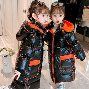 Children's winter cotton and thickening warm bright skin waterproof cotton-padded jacket 2023 girls long down cotton-padded jacket winter clothing