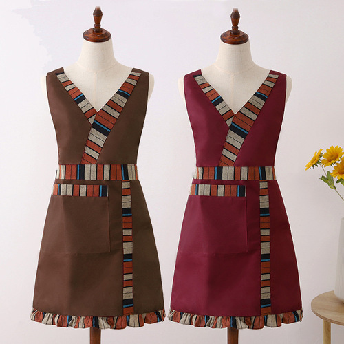 Double Strap Apron Ethnic Style Fashion Waist Cover Adult Kitchen Cooking Restaurant Women's Workwear