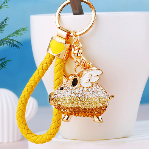 Rhinestone gradient piggy car keychain female cute bag pendant metal key chain ring creative business gift