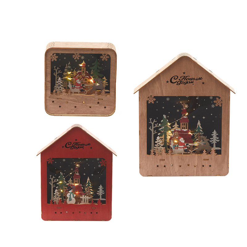 Navidad retro luminosa madera pequeña decoración de la casa colgante con luces decoración de Navidad escena disparo de props
