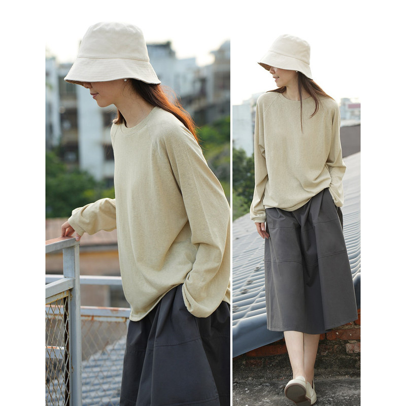 Relaxed Style Women's Long-Sleeved T-Shirt, Snowflake Cotton, Coarse Cotton Texture, Raglan Sleeves, Base Layer Top, Spring and Autumn Style