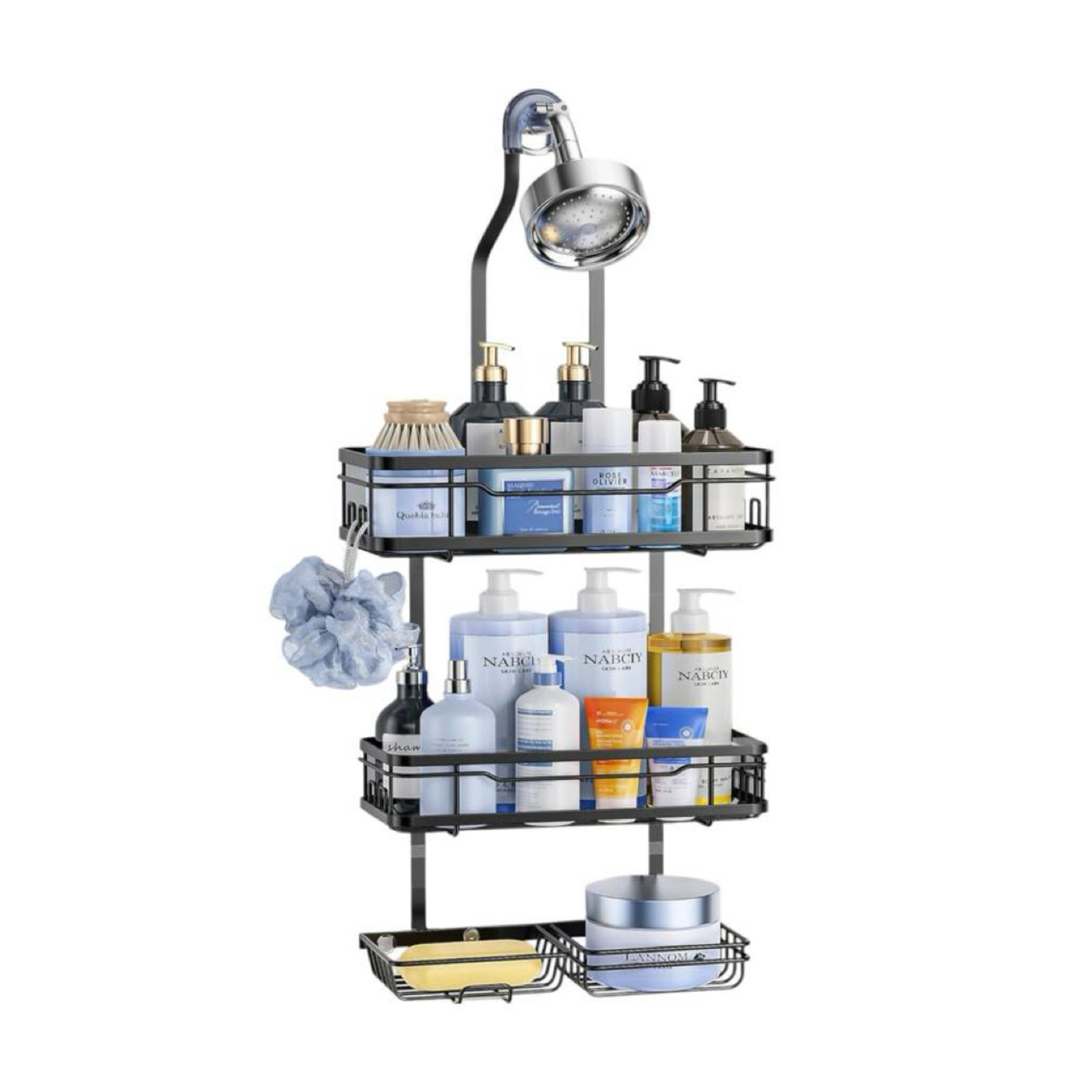 Hanging Shower Shelf with Soap and Scrubbing Supplies Holder, Adjustable and No-Drill, Can Be Hung on the Showerhead