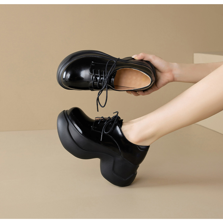 Giày loafer nữ đế xuồng platform cao 8 cm, dây buộc, da thật mùa thu 2025 — màu đen, màu trắng ngà chi tiết 11