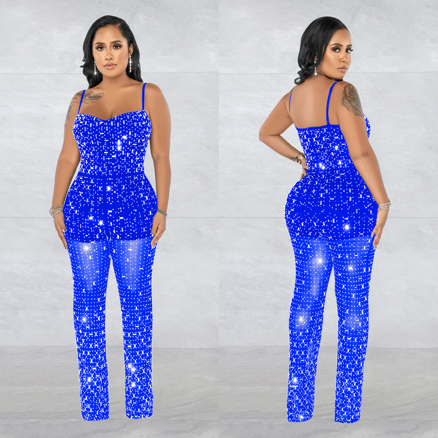 C6556 transfronterizo AliExpress Amazon moda europea y americana ropa de mujer rhinestone malla correa sin mangas pantalones mono image 4