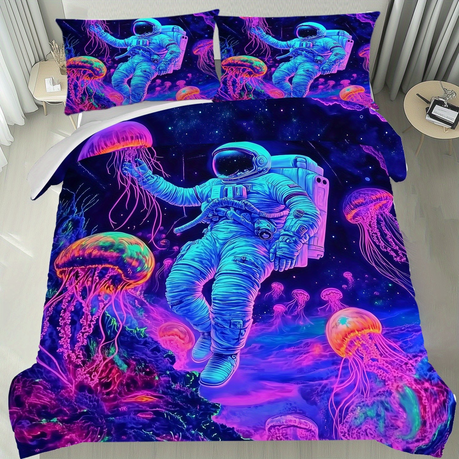 Cartoon Astronaut Digital Printed Edredon Kit Textile Transpirable Transfronterizo Fuente TEMU / JIT