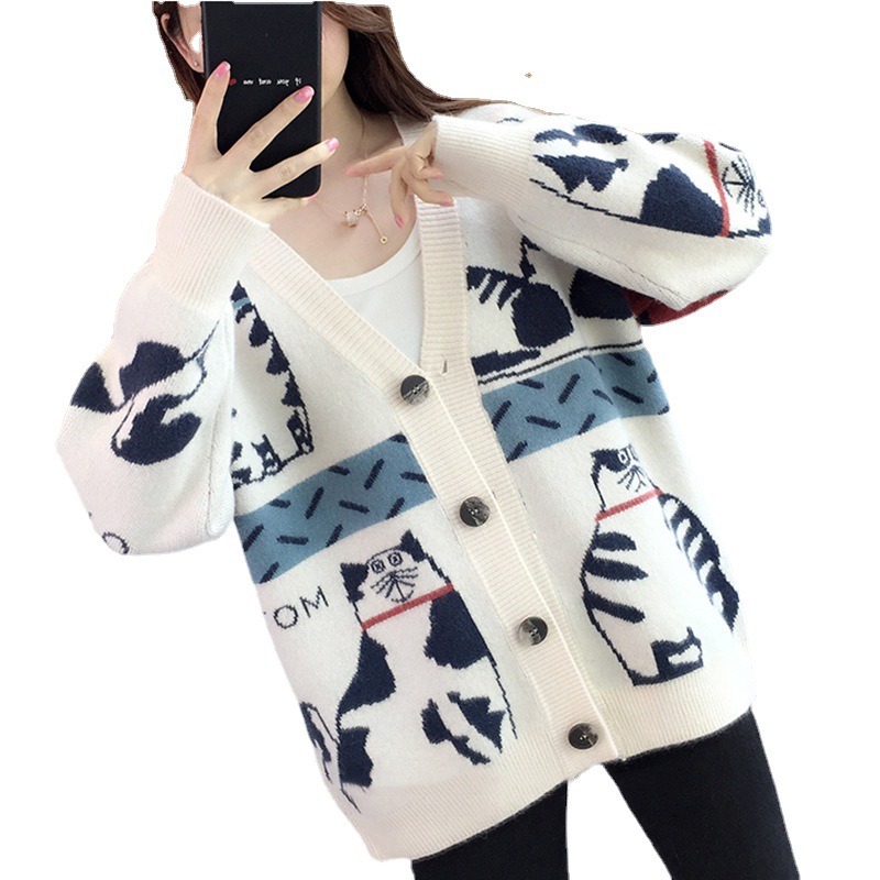 2023 Otoño e Invierno Nuevo suéter exterior de estilo perezoso suelto de las mujeres de estilo coreano con cuello en V gato de dibujos animados de punto Chaqueta de punto