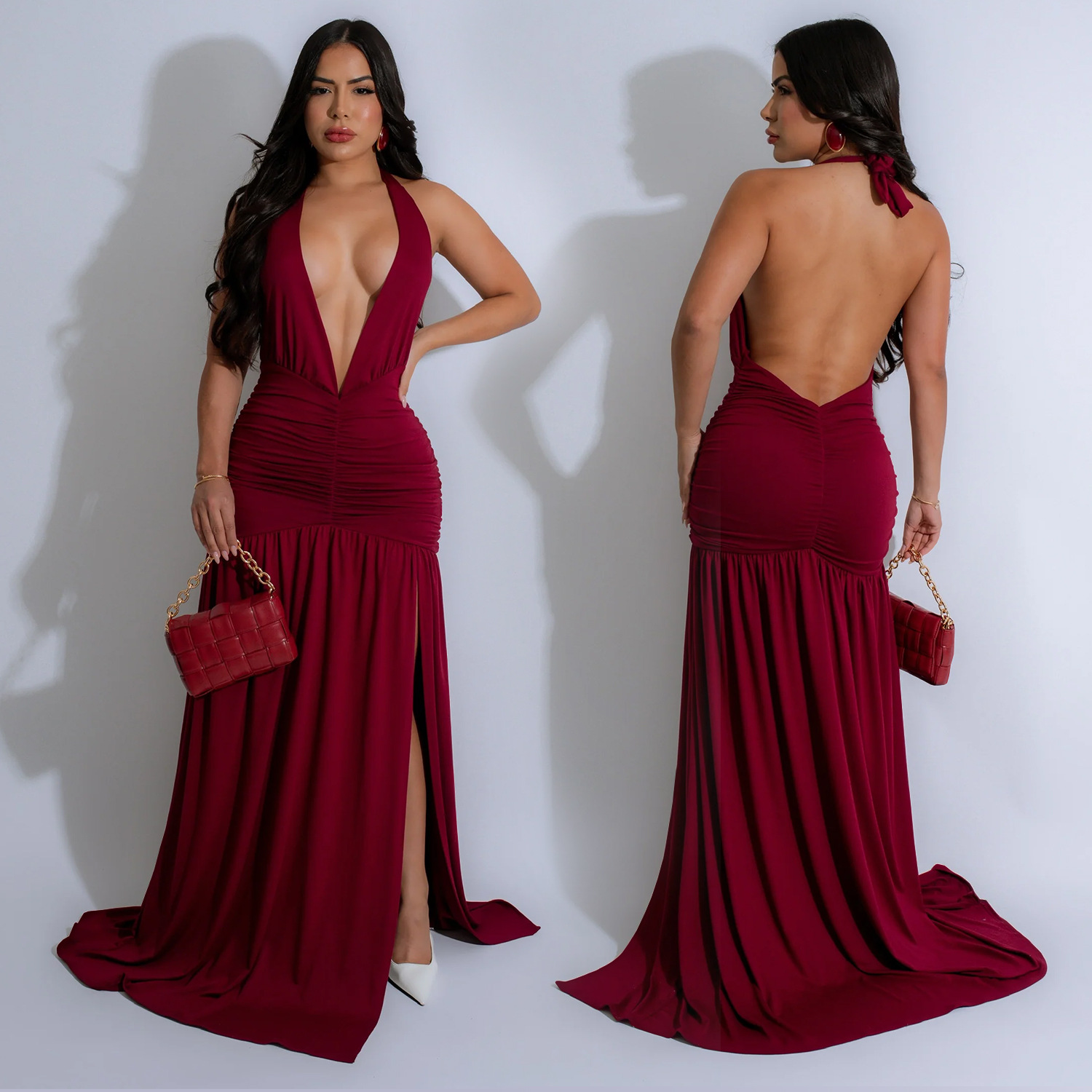C7225 Aliexpress transfronterizo Amazon Europa y América moda femenina temperamento profundo sexy V bifurcado vestido de noche image 5