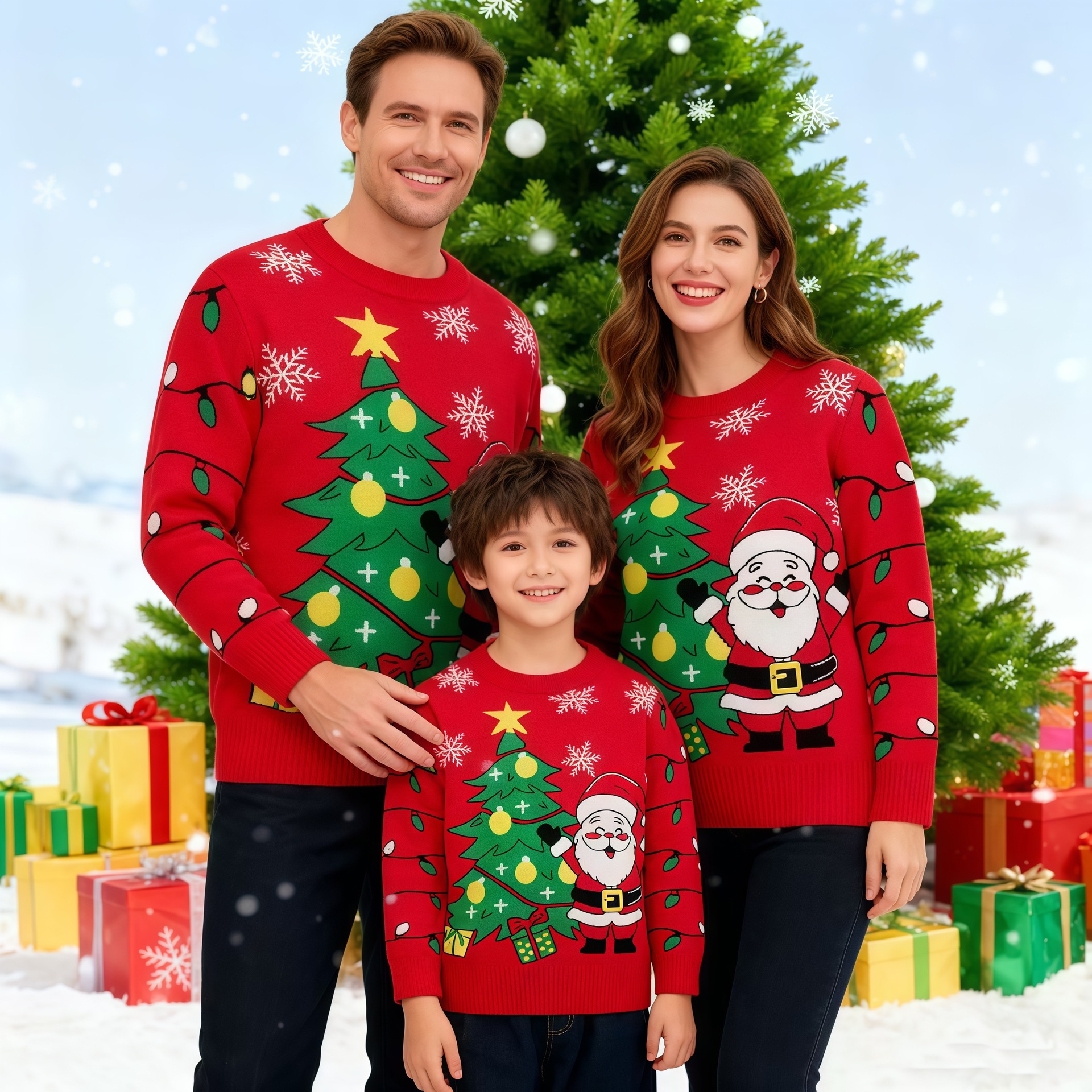 亚马逊跨境爆款圣诞树老人红色毛衣一家三口亲子家庭装提花针织衫