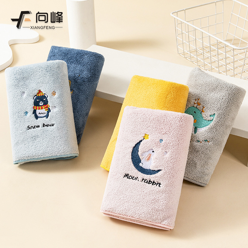 Xiangfeng coral fleece cartoon embroidered towel children's home embroidery thickened soft absorbent towel wholesale face towel