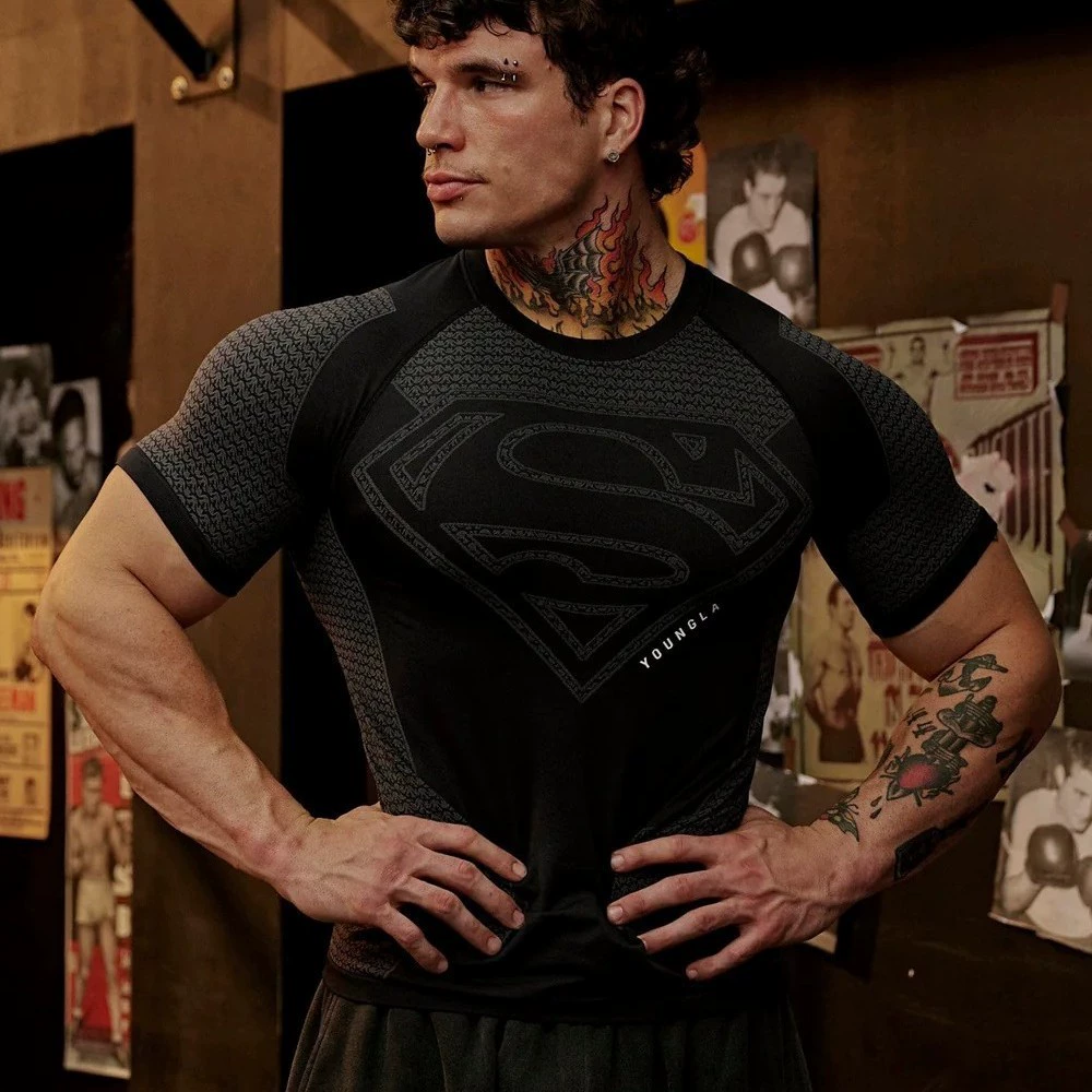 YOUNGLA новая американская мужская спортивная футболка для фитнеса с короткими рукавами, повседневная быстросохнущая дышащая футболка для бега