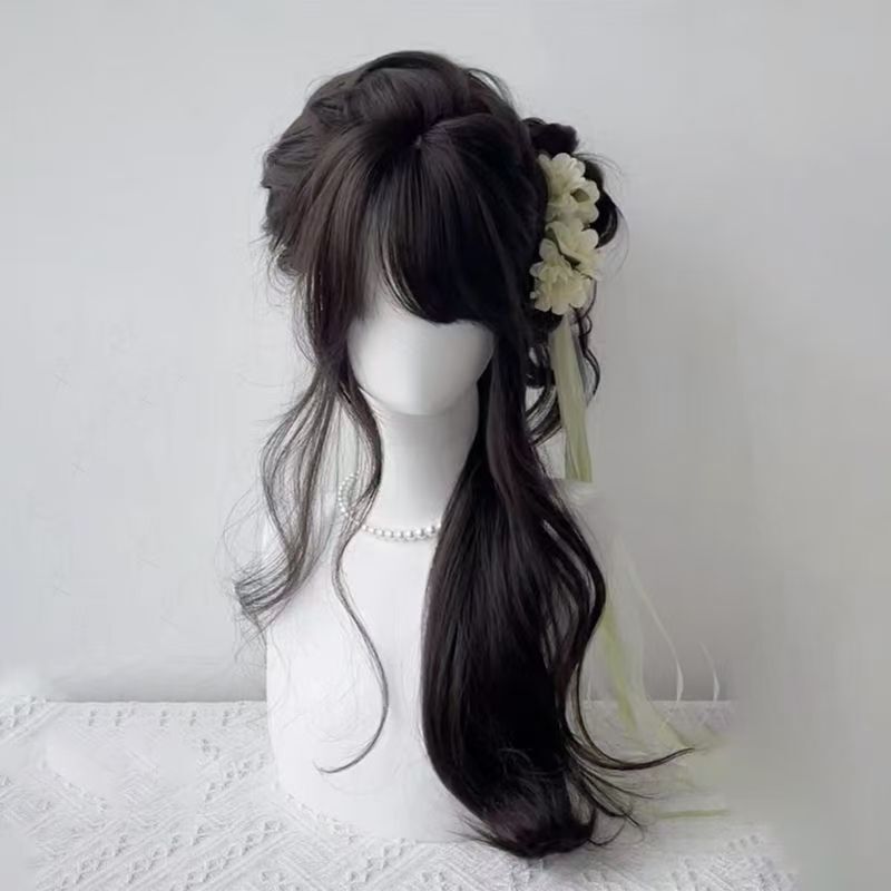 Wig for Women, New Chinese Style Jiangnan Gentle Long Curly Hair, Natural Black Tea Color, Intellectual Sister, Fluffy Full Headgear