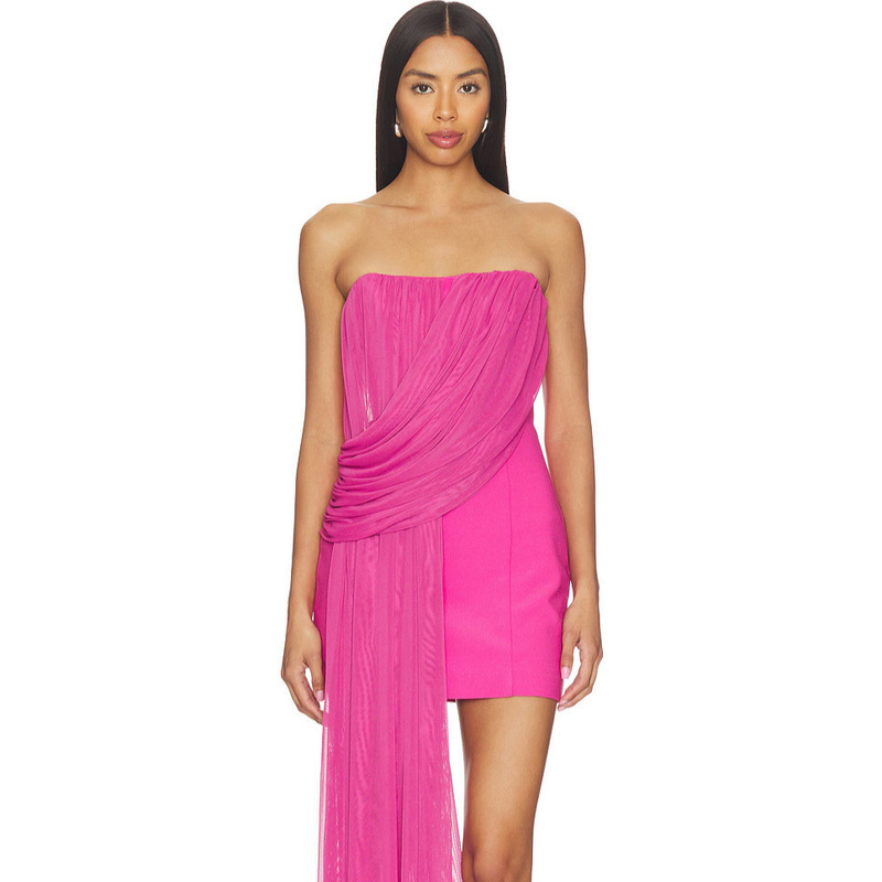 Rose Red Patchwork Slim-Fit Short Dress with Strapless Bustier, Diagonal Draped Tulle, Extended Side Streamers, and Bodycon Design
