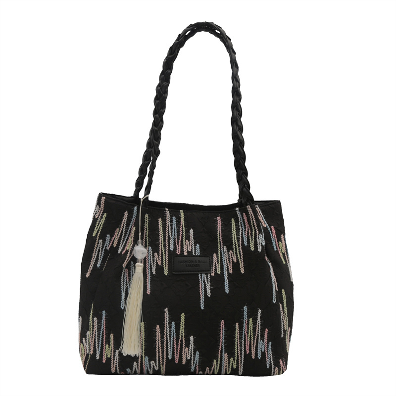 Bolsa de lona bordada a rayas de gran capacidad para mujeres 2024, nueva bolsa de hombro para estudiantes universitarios de clase