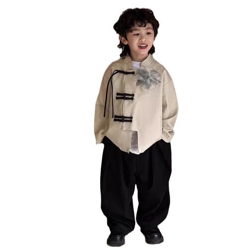 Chinese-style children's clothing sets, Chinese-style Hanfu and Tang-style clothes, 2024 spring and autumn new items, stand-up collar top and pants, one piece for drop shipping, trendy