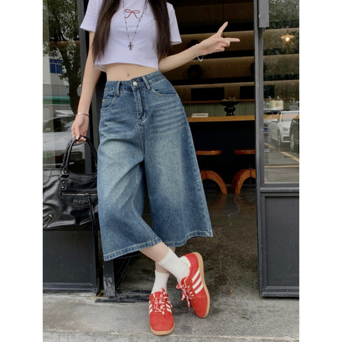 Vintage Cowboy Short Women's Summer Plus Size High-Waisted Loose Slimming Versatile Seven-Eighth Length Straight Leg Wide Leg Pants for Petite Figures