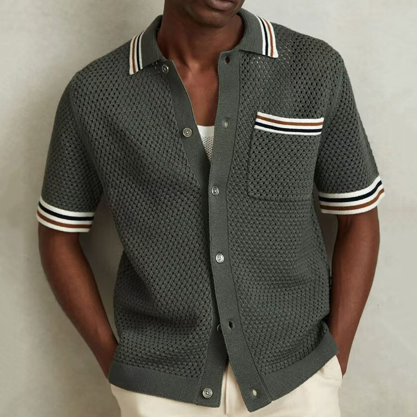 Camiseta polo con solapa de manga corta camiseta de punto hombre Cardigan agujerado retrógrado rayas viejas camisetas de estilo de dinero comercio exterior transfronterizo mayorista