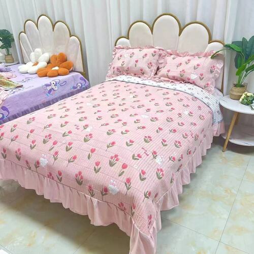 Small fresh cotton and linen lace bed cover for all seasons, quilted bed skirt, double-sided blanket, machine washable tatami sheets