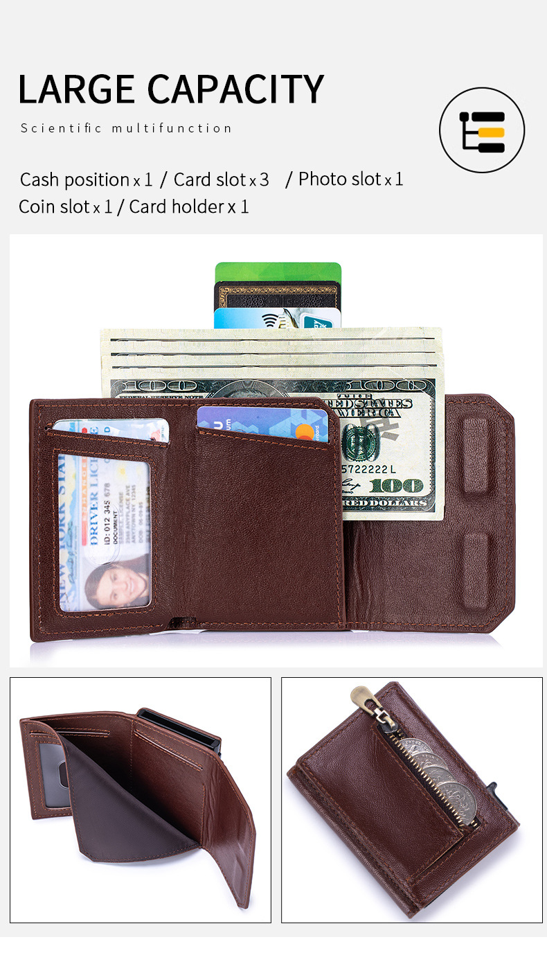 Ví nam gập mini da bò thật chống trộm RFID ba khúc — Đỏ nâu, Đen, Cà phê - Ngựa điên chi tiết 19