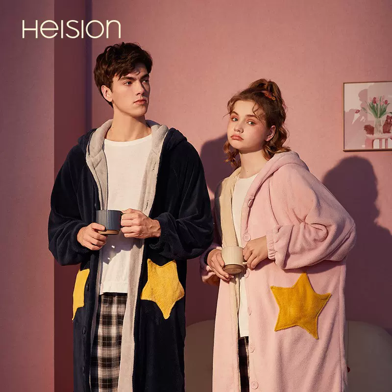 情侣珊瑚绒睡袍女冬季长款睡衣秋天男加绒加厚法兰绒家居服小个子