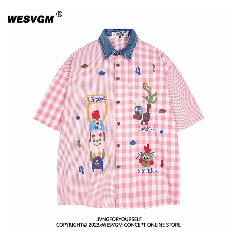 Wesvgm Japanese-Style Fun Cartoon Embroidery Denim Patchwork Color-Block Plaid Short-Sleeve Shirt Unisex Loose Top Trendy