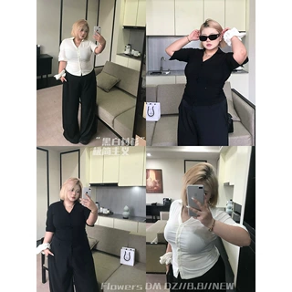 【云胚总裁】大码V领短袖衬衫纯欲高级感修身收腰显瘦上衣女