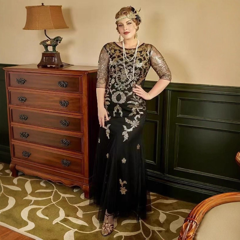 Cross-Border Popular 1920 Retro Dress Bridesmaid Beaded Mesh Sequin Evening Dress European and American Wedding Dress Long Dress