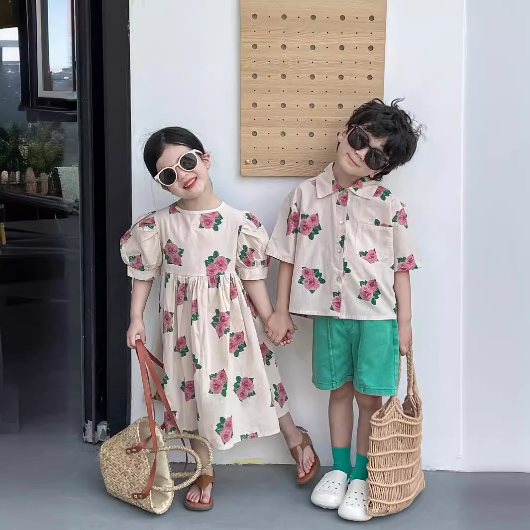 男女童兄妹裝夏日氣質玫瑰花泡泡短袖連衣裙f翻領襯衣短褲姐弟裝