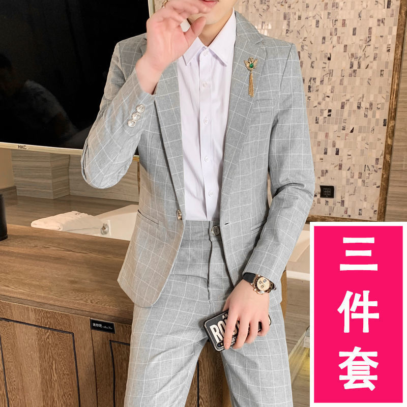 남성용 한국식 슬림 핏 세트 3 피스 세트 영국 웨딩 원피스 신랑 청소년 캐주얼 체크 무늬 세트 트렌디
