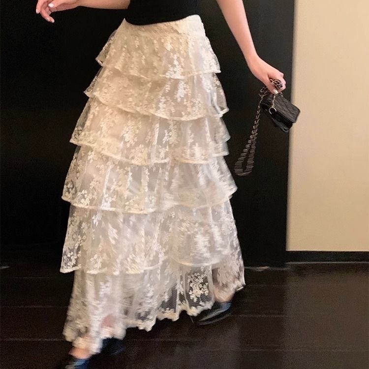 时尚甜美仙气感蕾丝半身裙女新款春季高腰蓬蓬蛋糕裙长款裙子|undefined