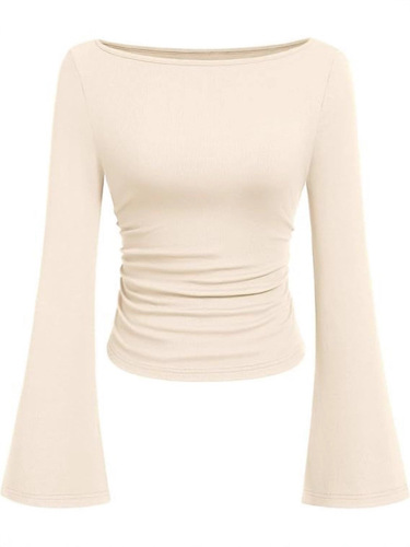American-style spicy beauty solid color boat neck trumpet sleeve T-shirt for women, autumn version, slim-fitting pleated, invisible, long-sleeved top