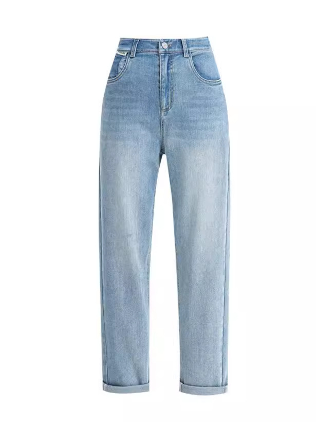 Quần jean nữ cạp cao ống rộng mỏng mùa hè, tôn dáng, viền gấu thời trang — Xanh denim