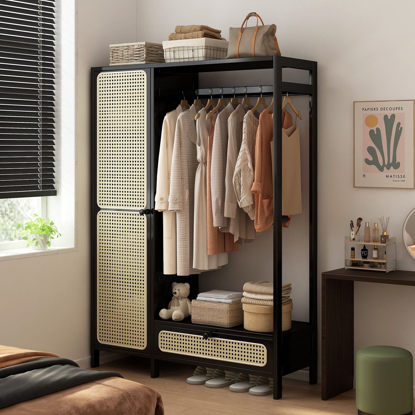 Gabinete simple de tela de caña piso percha de sombrero armario dormitorio doméstico transpiración de cuatro estaciones de acabado de almacenamiento percha de vestuario