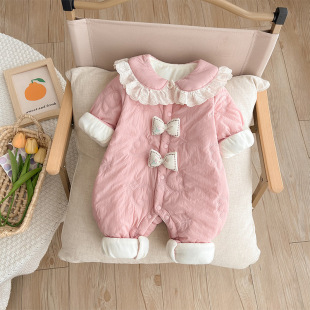 Newborn Baby's Autumn and Winter New Style Thin Cotton-padded Clothes Princess Style Super Cute Bow Clothes fleece-lined Girl Baby's Jumpsuit
