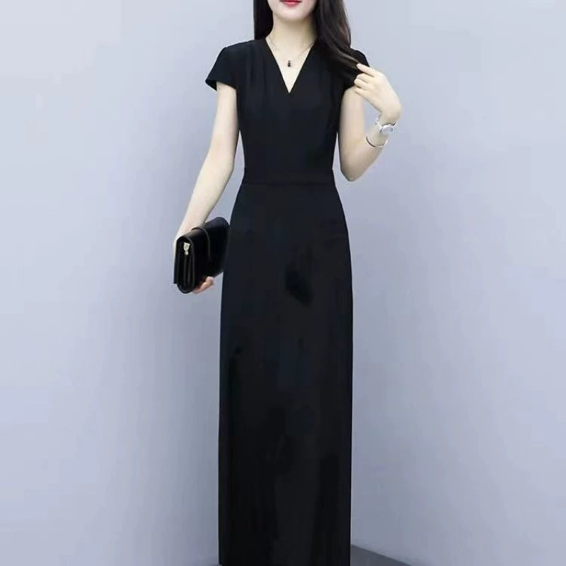 Простое повседневное платье для женщин, маленькое черное платье в стиле Хепберн, облегающий крой, двойной карман, летний воротник, элегантное длинное платье.