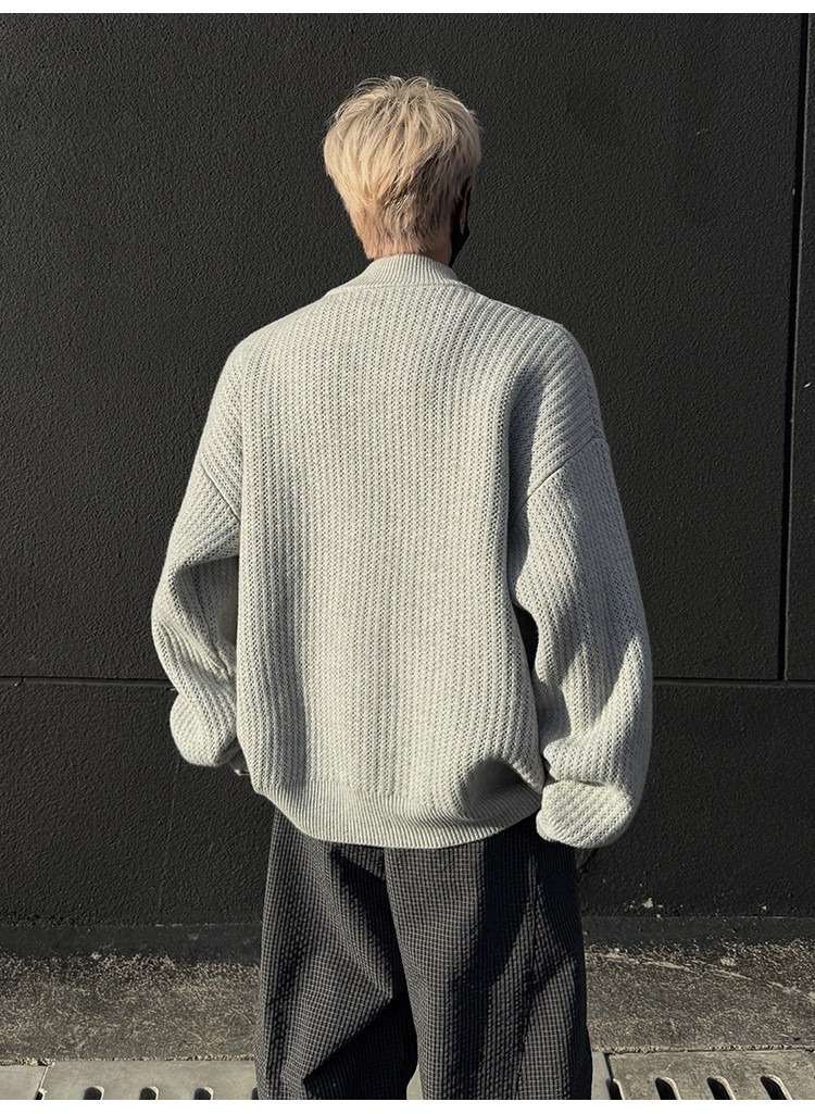 Men's Stand Collar Knit Cardigan Oversized Pullover Sweater_voghion.com