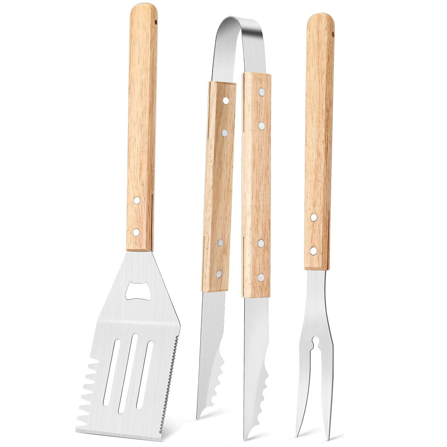 Spot fabricante de herramientas de barbacoa de acero inoxidable juego de pinzas de pala de mango de madera para barbacoa al aire libre juego completo