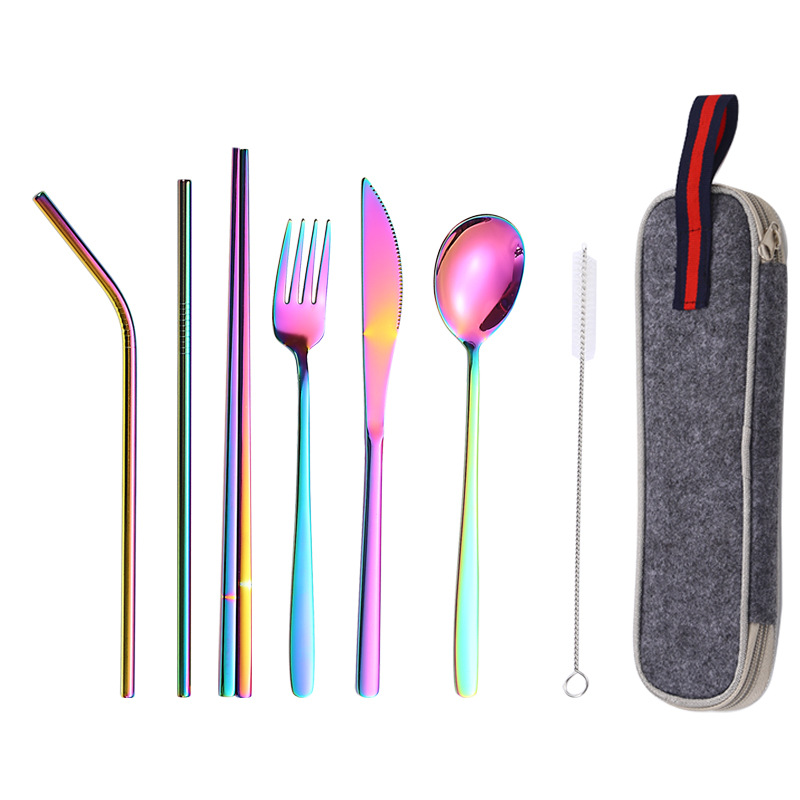 Amazon popular 304 Acero inoxidable paja vajilla traje coreano cuchillo de comida occidental, tenedor y cuchara de paja portátil conjunto de 7 piezas