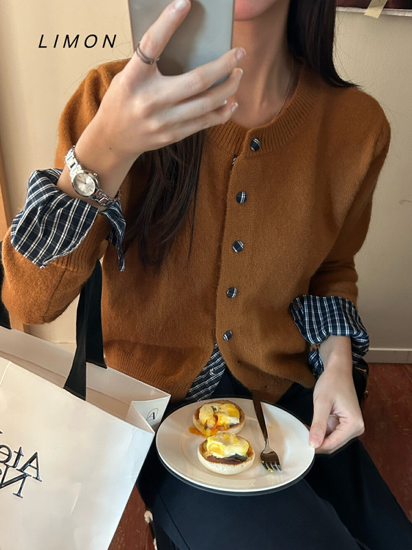 假两件格子拼接针织开衫毛衣女秋冬2025新款松弛感慵懒风短款外套|undefined