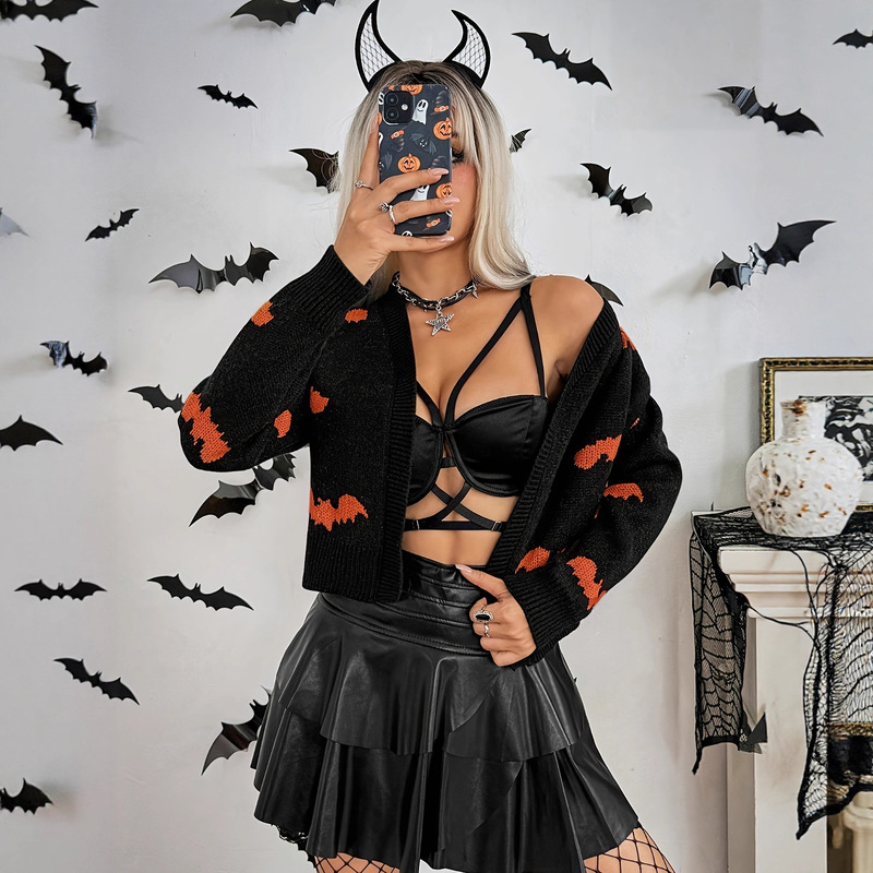 European and American Cross-Border Women's Knitted Cardigan Halloween Bat Pattern Funny Knitted Jacket