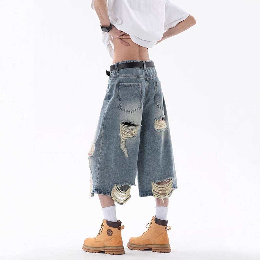 Distressed Ripped Denim Cropped Pants Men's Summer Thin Vintage Shorts American Style Trendy Brand Distressed Pants
