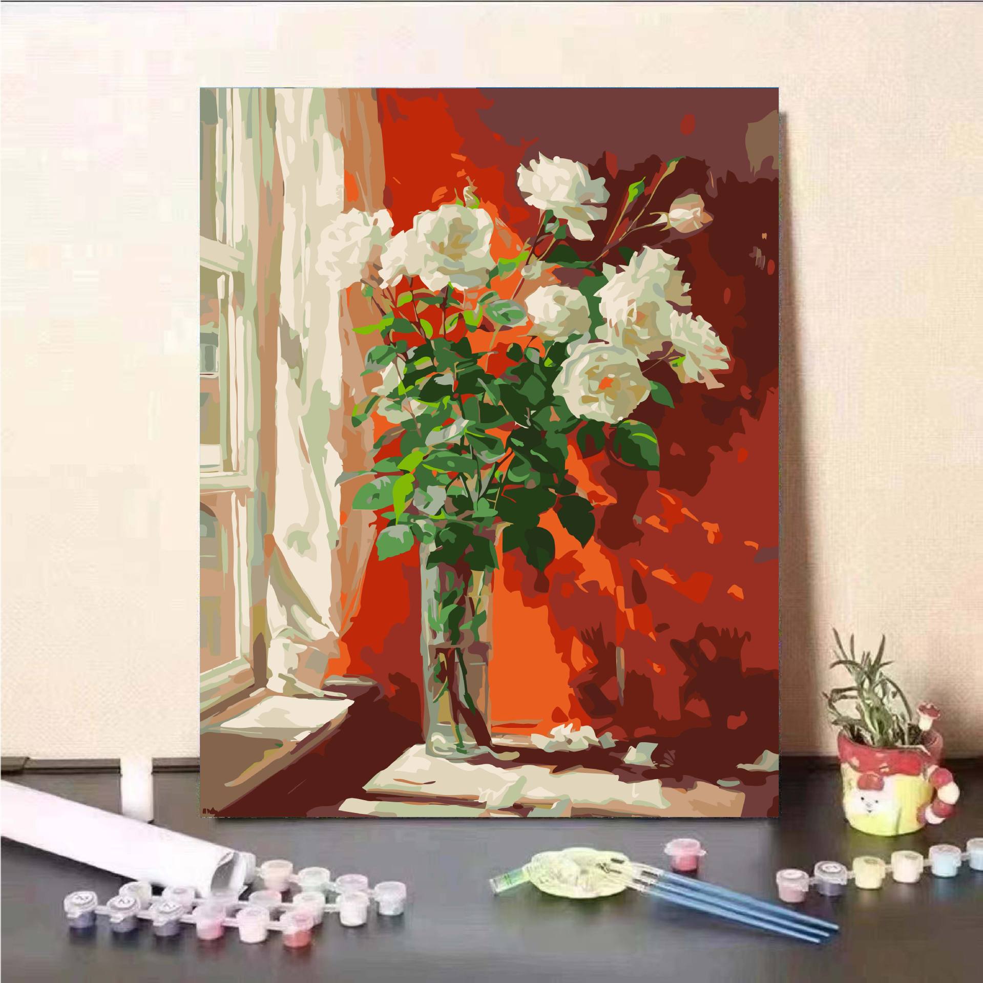 Pintura al óleo digital DIY pintura al óleo relleno floral ventana flores regalos de cumpleaños hechos a mano DIY pintura al óleo relleno moderno minimalista