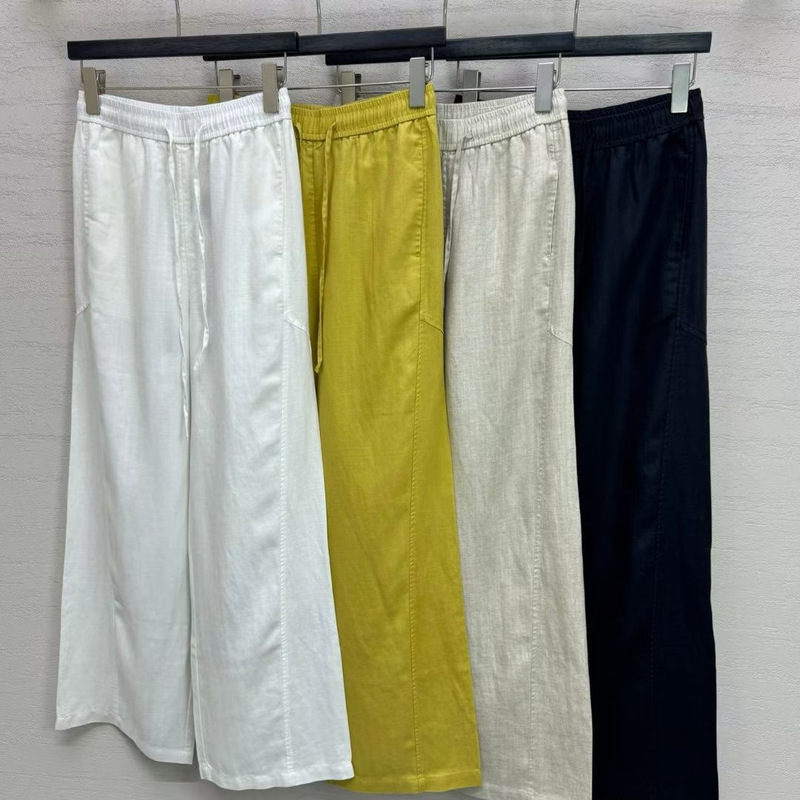 2026 Spring New Style Slimming and Height-Enhancing Super Versatile Elastic Waist Drawstring Linen Straight Wide-Leg Pants Wholesale