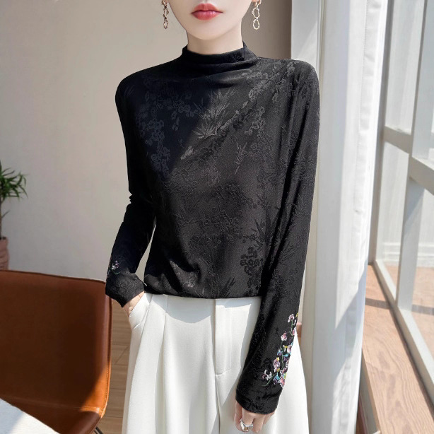Designer New Chinese Style National Style Embroidered Long-Sleeved Bottoming Shirt for Women Half Turtleneck High-End Elegant Warm Top
