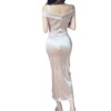 Long slit suspender off shoulder satin dress with bottom lining