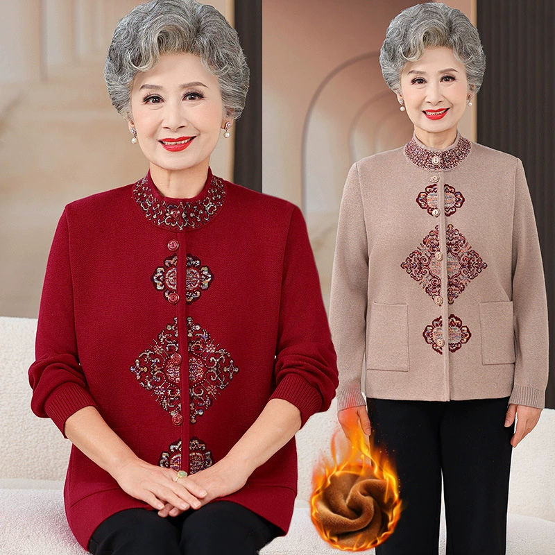 Средний и пожилой женский осенний и зимний свитер плюс бархатный толстый бабушкин костюм танг бархат мама вязаный кардиган куртка